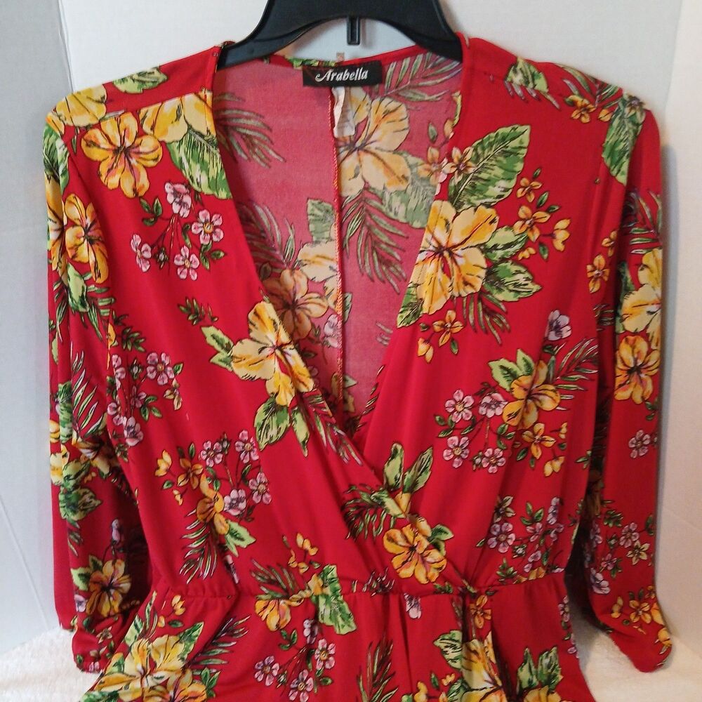 Arabella brand red floral wrap dress with a V-neckline and 3/4 sleeves USA